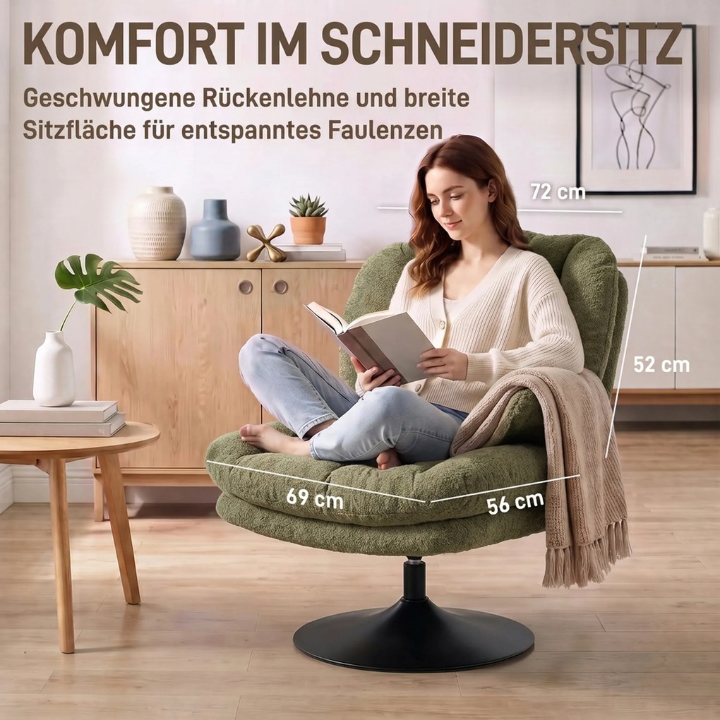 HOMCOM Fotel lounge z podnóżkiem, obracany 360°, z weluru Raindrop, regulowany podnóżek, Zielony | Aosom PL