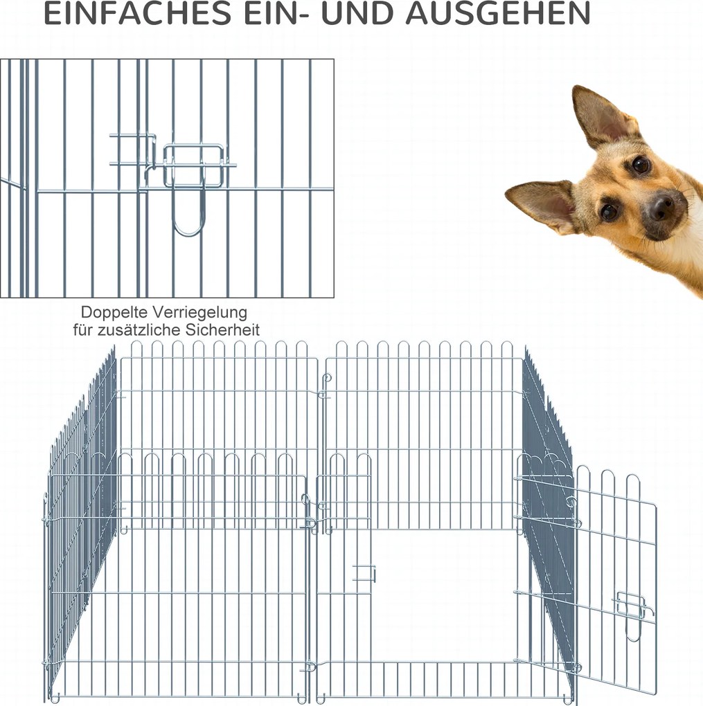 PawHut Płotek Kojec dla Szczeniąt 8 Części 63x60cm Srebrny | Aosom PL