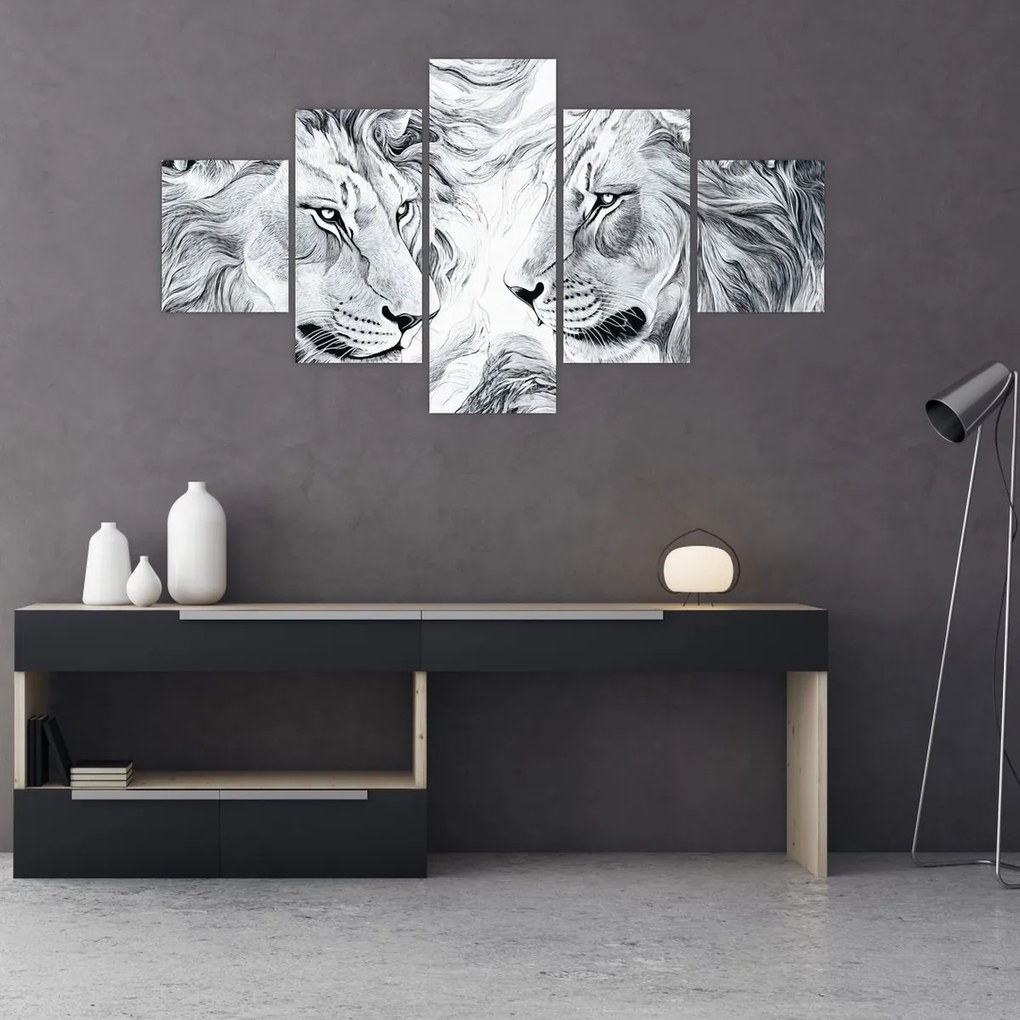 Obraz - Rysowane lwie głowy (125x70 cm)