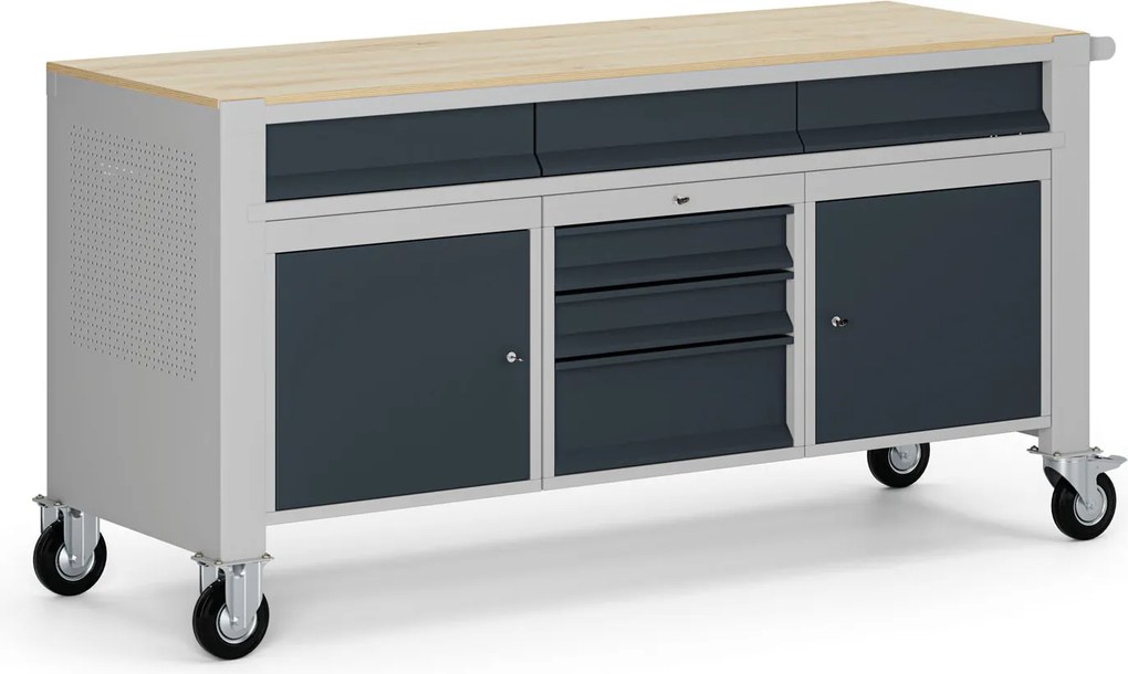 Mobilny stół warsztatowy G9, 2 szafki, 6 szuflad, 1690 x 595 x 865-1130 mm, szary/grafitowy