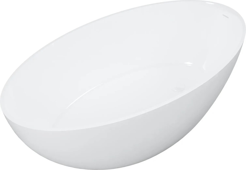 Wanna wolnostojąca owalna biała błyszcząca z konglomeratu 160 x 85 cm KALMI WHITE GLOW z przelewem typu SLIM cienki rant