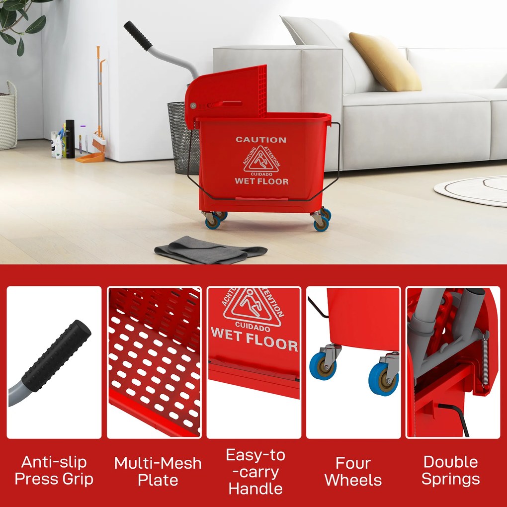 HOMCOM 20 L Mop wiadro z wyciskaczem i uchwytem, mobilne wiadro na kółkach, tworzywo sztuczne, czerwone | Aosom PL