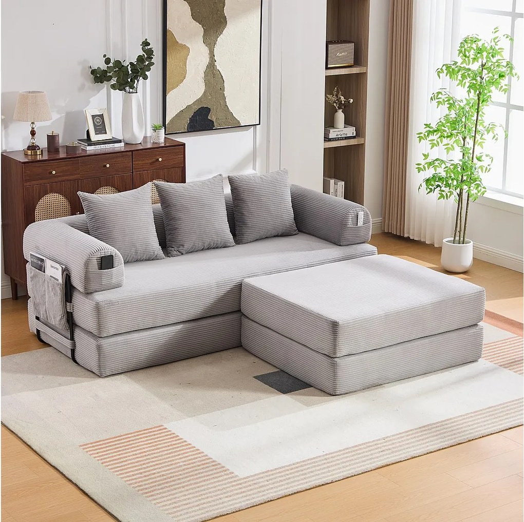 Sofa modułowa 3-osobowa - 200 x 190 x 67 cm - z 3 poduszkami + kieszeń boczna - sztruks - jasnoszary