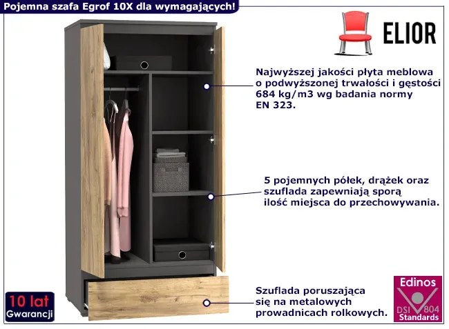 Szafa z drążkiem i półkami na nóżkach z gładkim frontem antracyt + dąb craft - Elsinor 10X