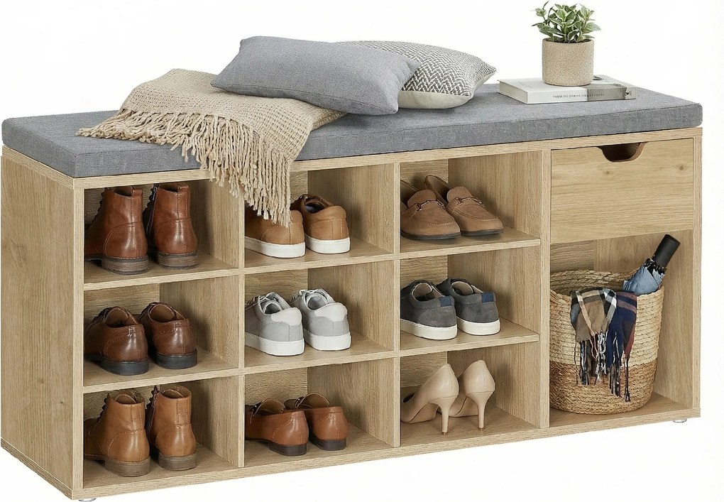 Szafka na buty z ławką z szarym siedziskiem i szufladą TAYLOR ARTISAN 104x30x48 cm, biała.