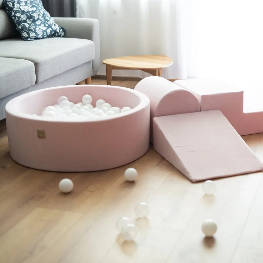 Piankowy zestaw do zabawy z suchym basenem 90x30cm, plac zabaw dla dziecka, 4 elementy, welurowy, jasnoróżowy, piłki: piłki do wyboru - meowbaby®
