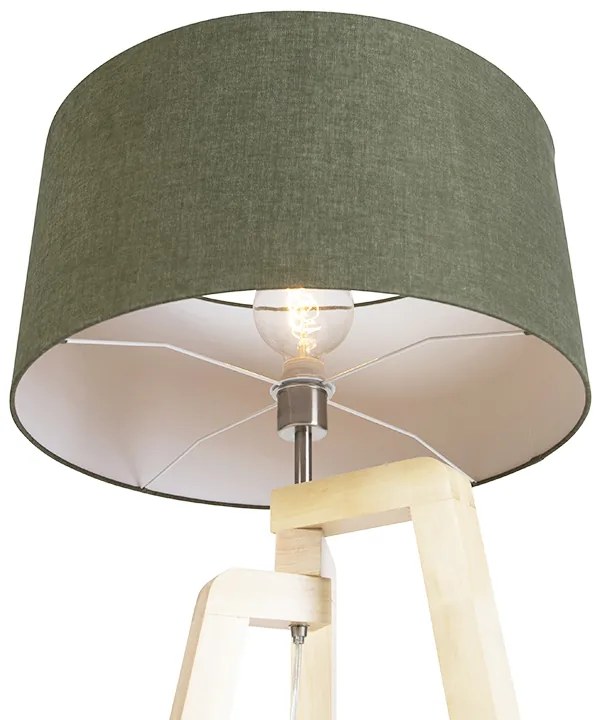 Lampa stojąca na trójnogu drewniana z kloszem 50 cm zielonym - PurosWiejski/ Rustykalny / Vintage Oswietlenie wewnetrzne