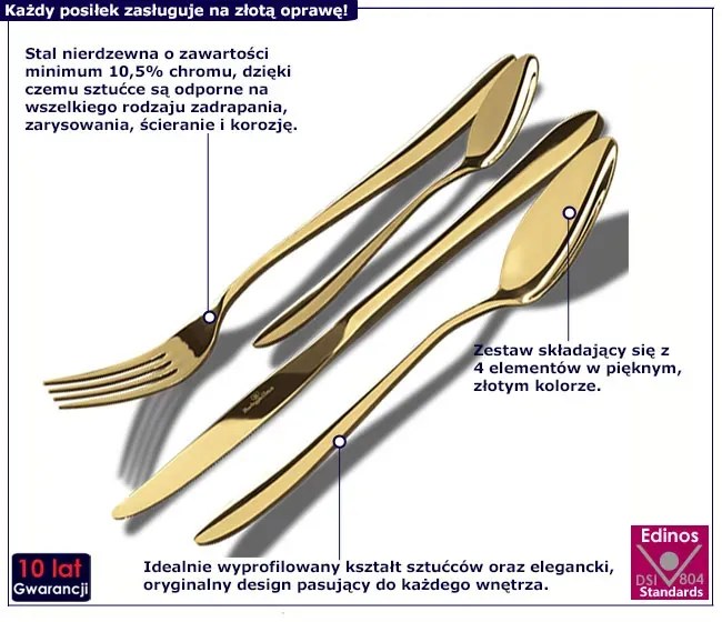 Przenośny 4 elementowy zestaw złotych sztućców Rowtex 8X