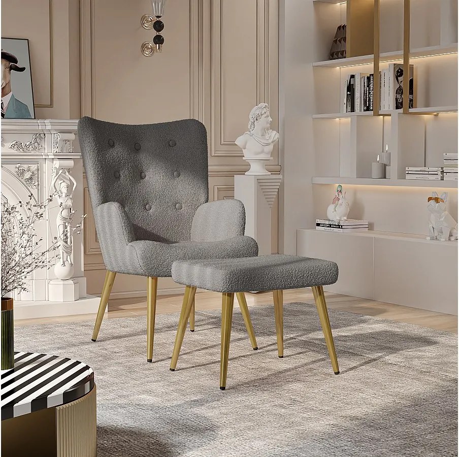 Skandynawski fotel uszak z podnóżkiem w tkaninie Bouclette, szary