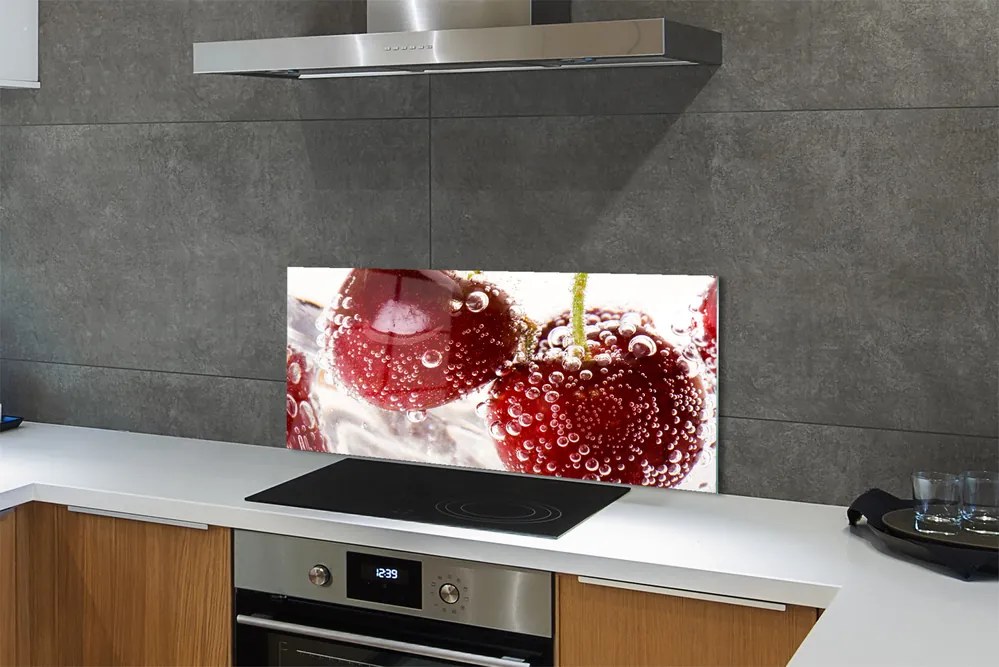 Panel szklany do Kuchni Czereśnie w Kroplach Wody