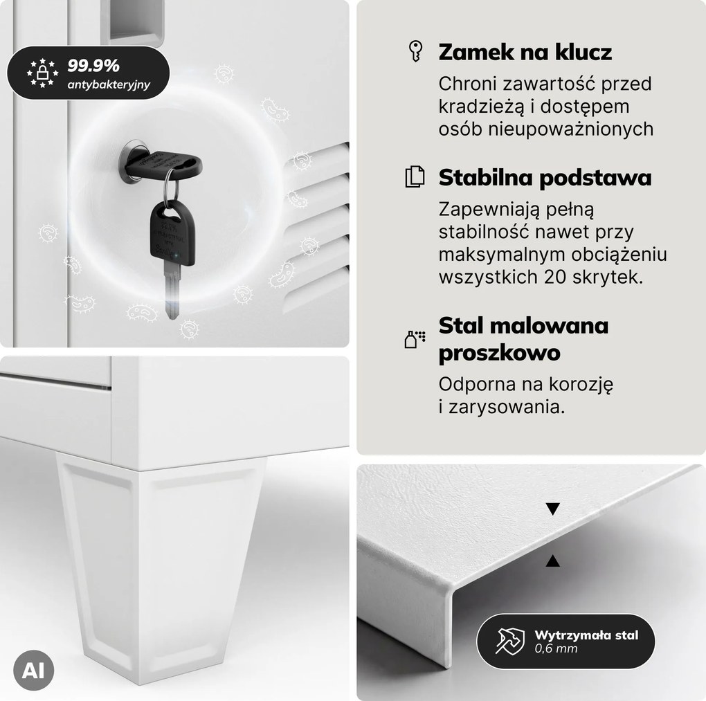 Szafa skrytkowa socjalna 20-skrytkowa na nóżkach biała, 1360x1720x450 mm: ROBERT