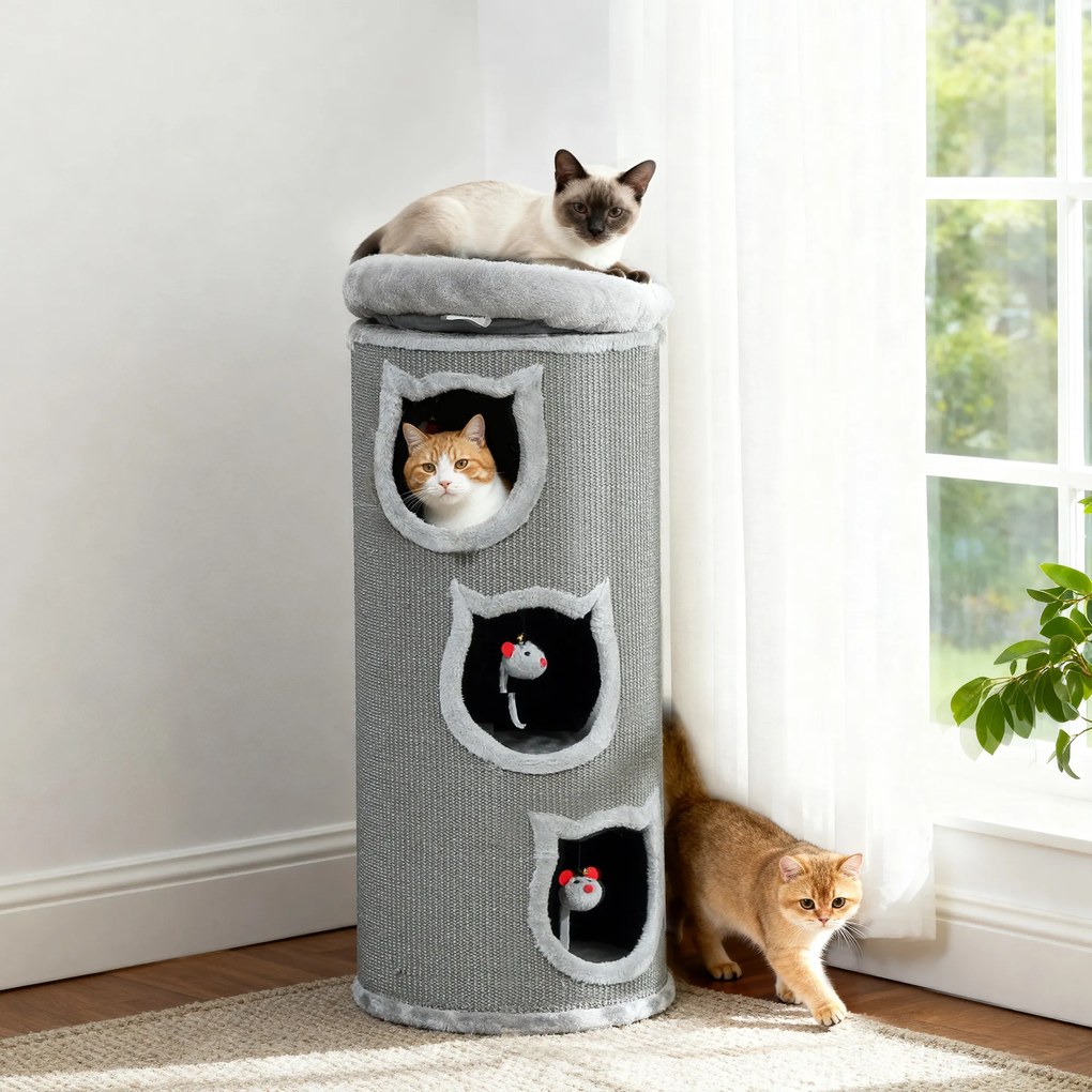 PawHut Beczka do drapania dla kotów, 96 cm, 4-poziomowa wieża dla kotów z możliwym do prania łóżkiem, 3 sypialnie, wiszące zabawki, dla wielu kotów Szary