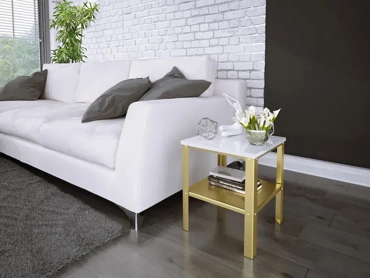 Minimalistyczny stolik kawowy z półką złoty + biały połysk - Sufix 3X