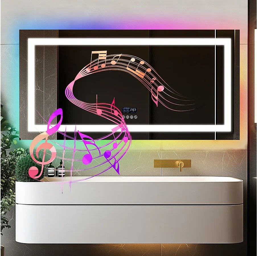 Lustro łazienkowe 140x70cm RGB i LED regulowane + przeciwmgielne + Bluetooth 5.2 + Zegar + 3 kolory 4 przyciski