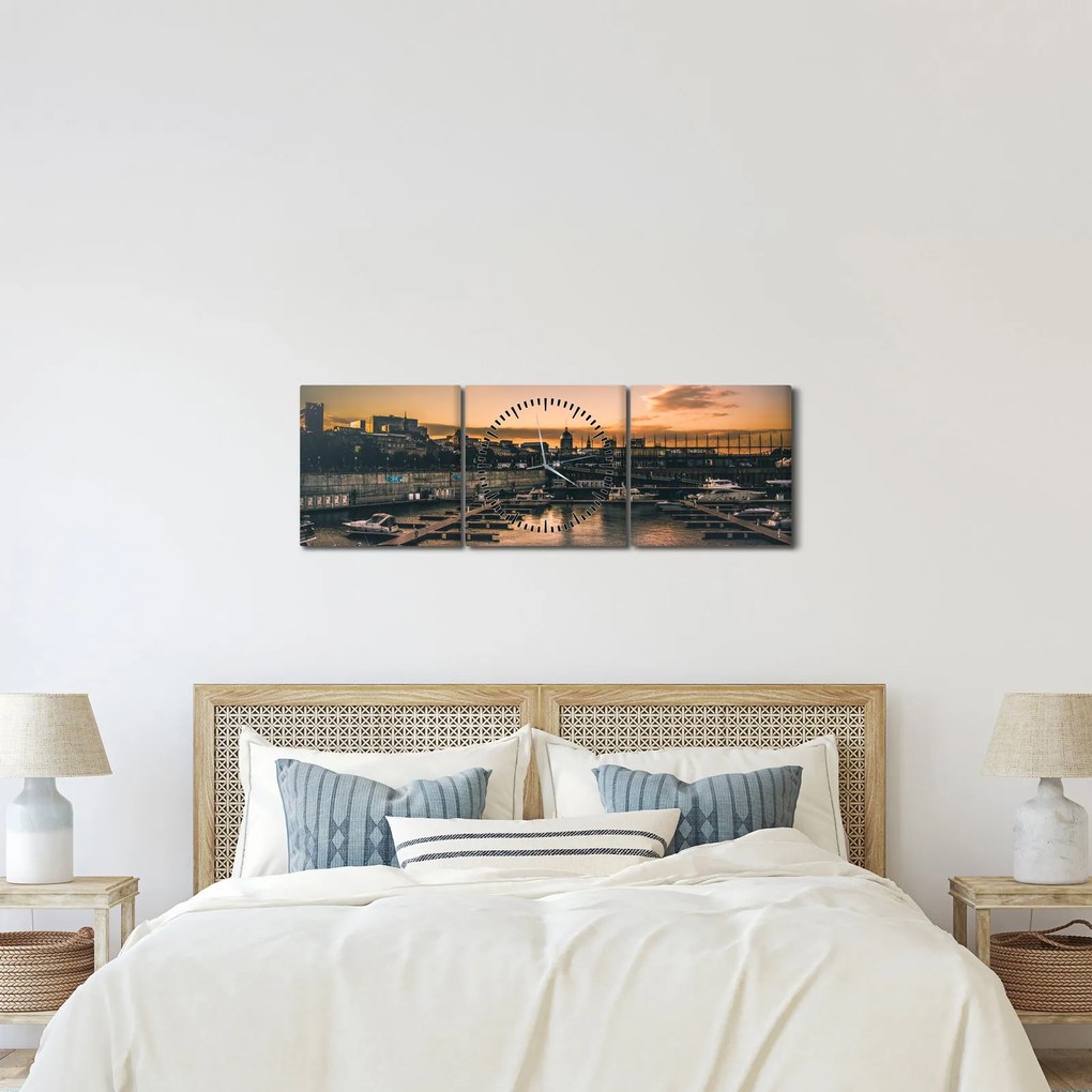 Obraz - miasto portowe (z zegarem) (90x30 cm)