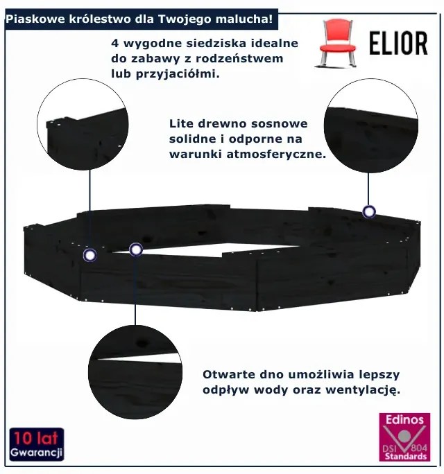 Czarna piaskownica z siedziskami ośmiokątna M6-M92