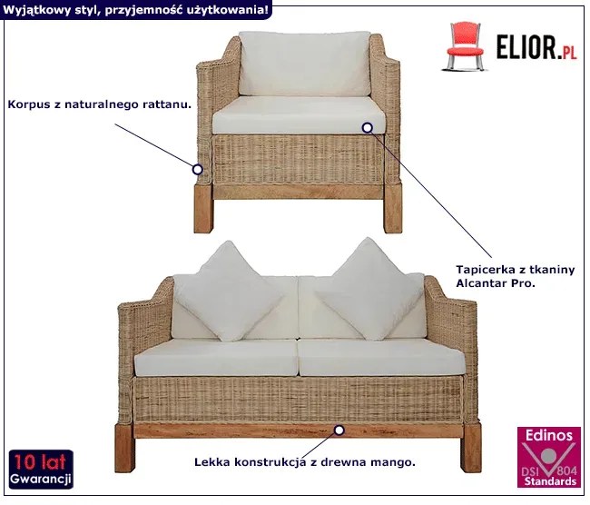 2-częściowy zestaw wypoczynkowy, sofa i fotel, naturalny rattan - Otma 3F