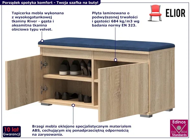 Nowoczesna szafka na buty z siedziskiem dąb sonoma + granat - Risix 3X