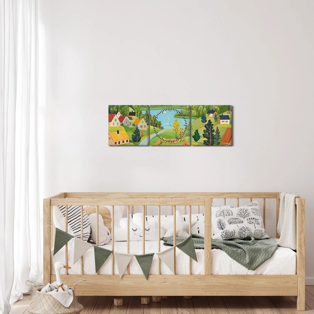Obraz - Wioska w górach (z zegarem) (90x30 cm)