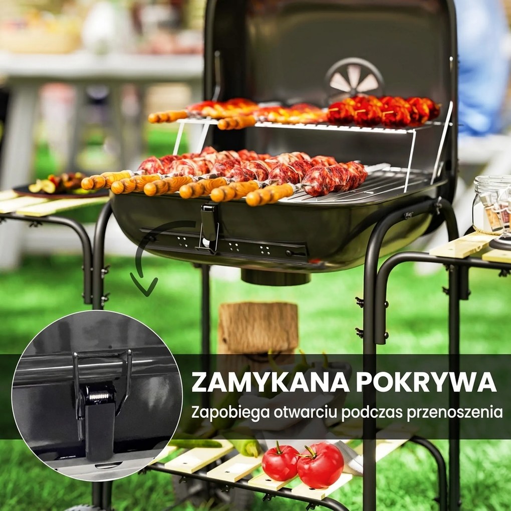 Outsunny Grill węglowy ze stali, przenośny, z zamykaną pokrywą, rusztem, kółkami i półkami, 98 x 54 x 91 cm, czarny | Aosom PL