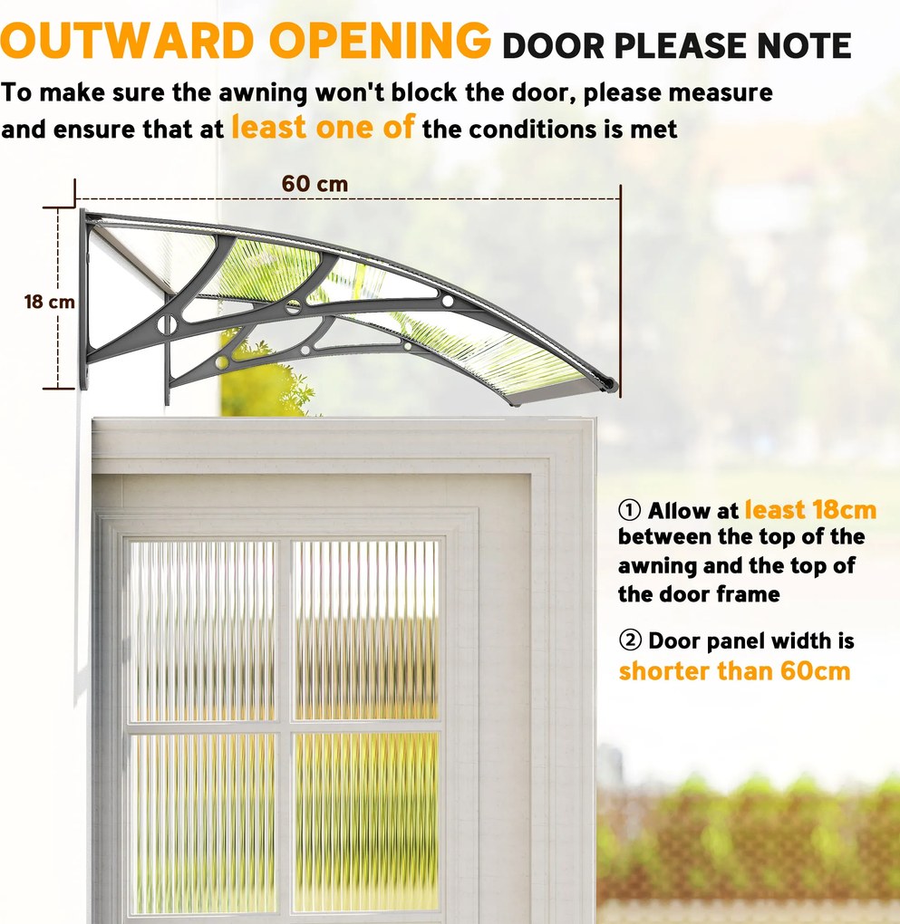 Outsunny Zadaszenie drzwiowe, ochrona przed deszczem, wiatrem i gradem, poliwęglan, aluminium, 110 x 60 x 18 cm, Szare