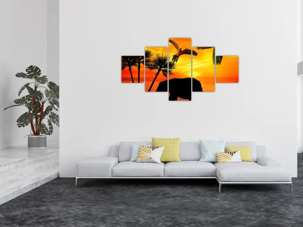 Obraz - papugi i słonie (125x70 cm)
