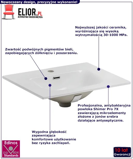 Biała prostokątna umywalka ceramiczna - Kenet 60 cm