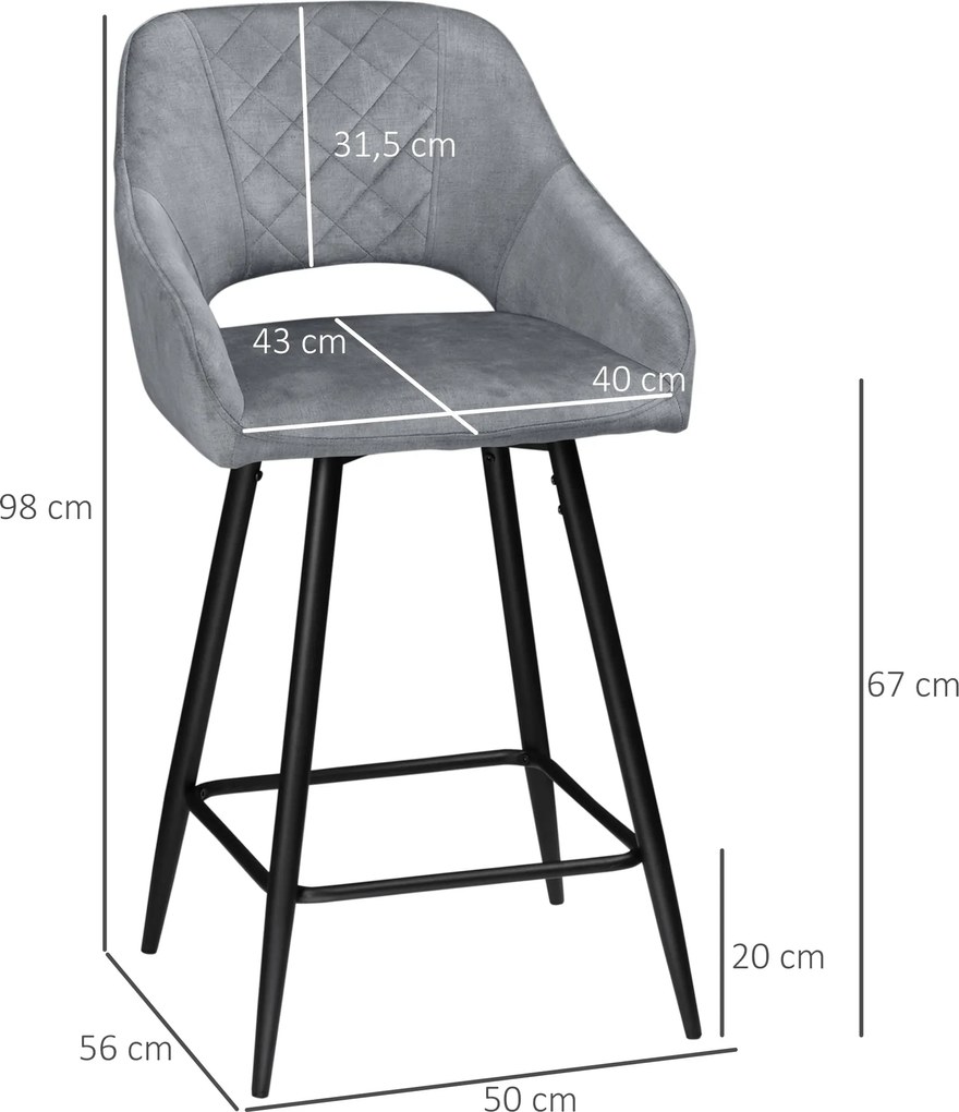 HOMCOM Zestaw 2 krzeseł barowych w retrostylu, Tapicerka aksamitna, z podnóżkiem, Szary, 50 cm x 53 cm x 94 cm