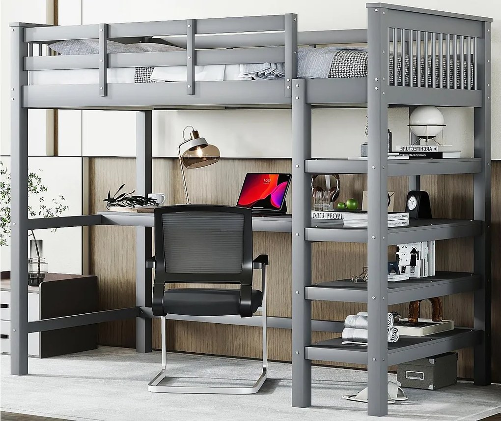 Łóżko mezzanine 90x200cm z drewna - z biurkiem i półką na przechowywanie - Szare