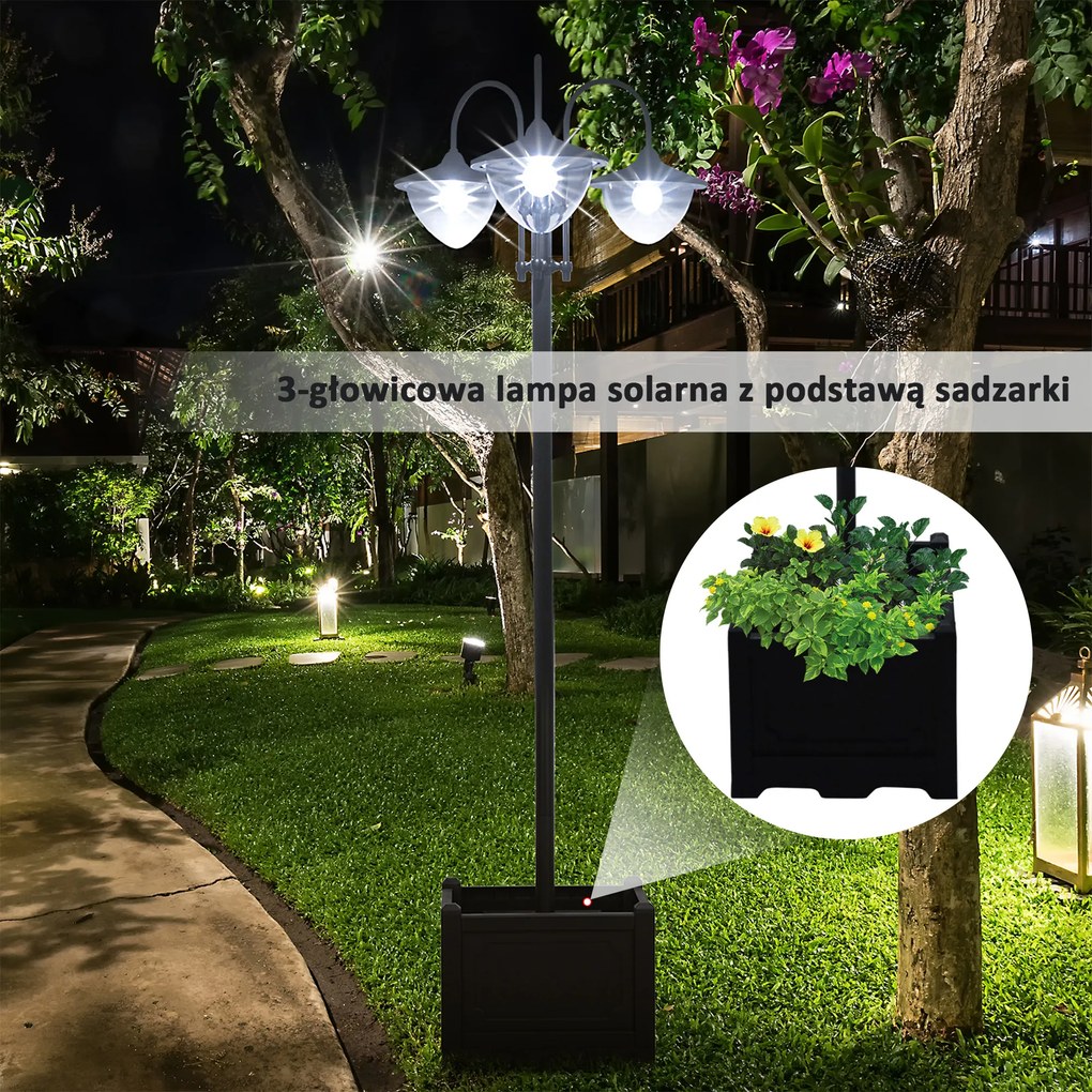 Outsunny Lampa solarna ogrodowa z donicą 3 głowice wodoodporna oświetlenie zewnętrzne | Aosom PL