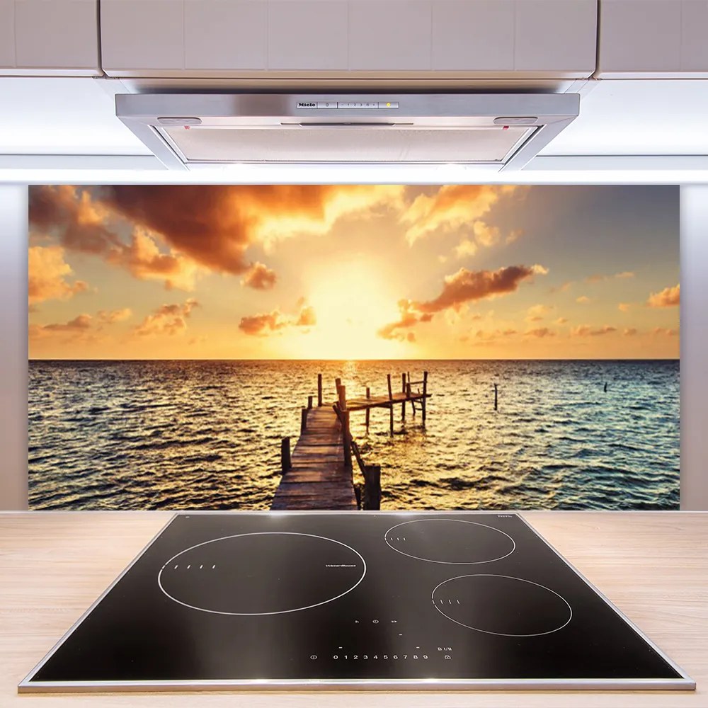 Szkło do Kuchni na Ścianę Drewniany Pomost o Zmierzchu