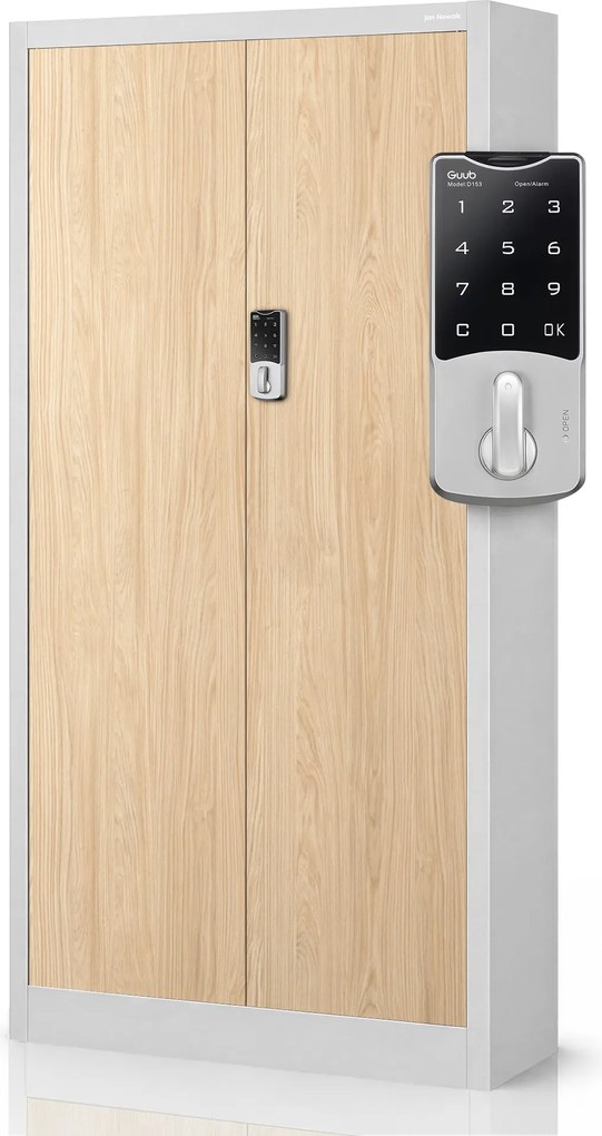 Biurowa szafa metalowa z zamkiem na szyfr szara / dąb sonoma: Eco Design DANIEL, 900 x 1850 x 400 mm