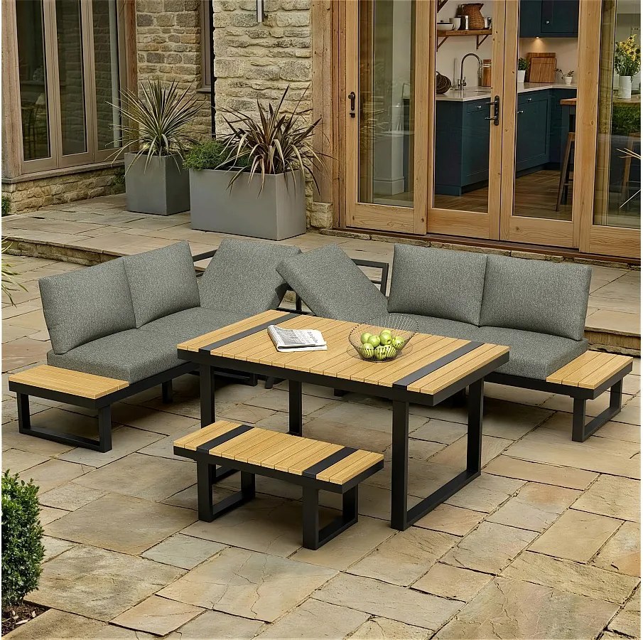 Zestaw mebli ogrodowych - z regulowanymi sofami rozkładanymi + 1 stół + 1 ławka - metal - szary + czarny