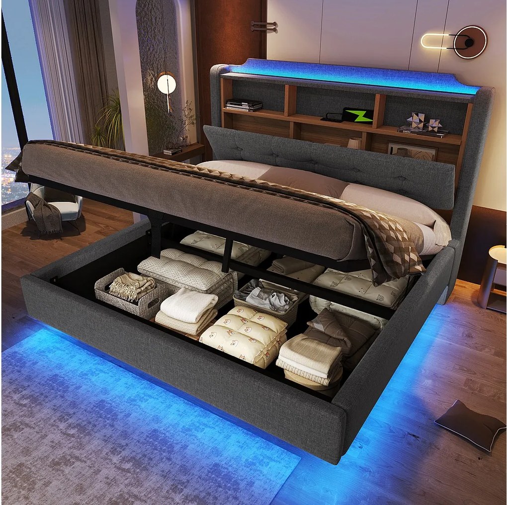 Łóżko tapicerowane hydrauliczne ze schowkiem - 140 x 200 cm - z diodami LED i USB - zagłówek ze schowkiem - len - szary