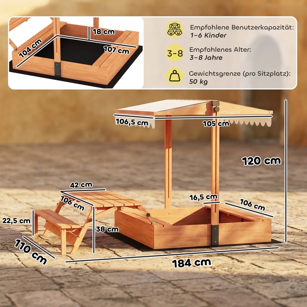 AIYAPLAY Piaskownica z dachem Piaskownica z drewna ze składanym stołem piknikowym i ławkami dla dzieci w wieku 3-8 lat 184 x 110 x 120 cm Brązowa | Aosom PL