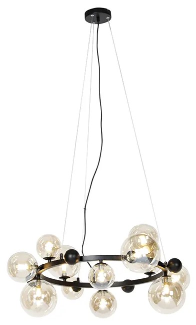 Lampa wisząca art deco czarna z bursztynowym szkłem 12 lampek - David ArtDeco Oswietlenie wewnetrzne