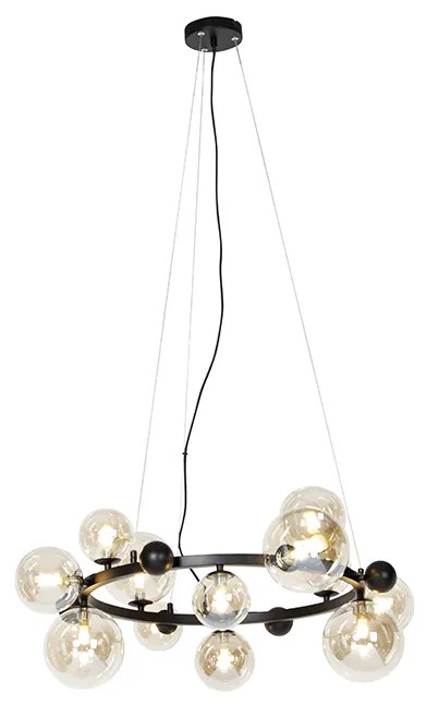 Lampa wisząca w stylu art deco czarna z bursztynowym szkłem 12-świateł - David ArtDeco Oswietlenie wewnetrzne