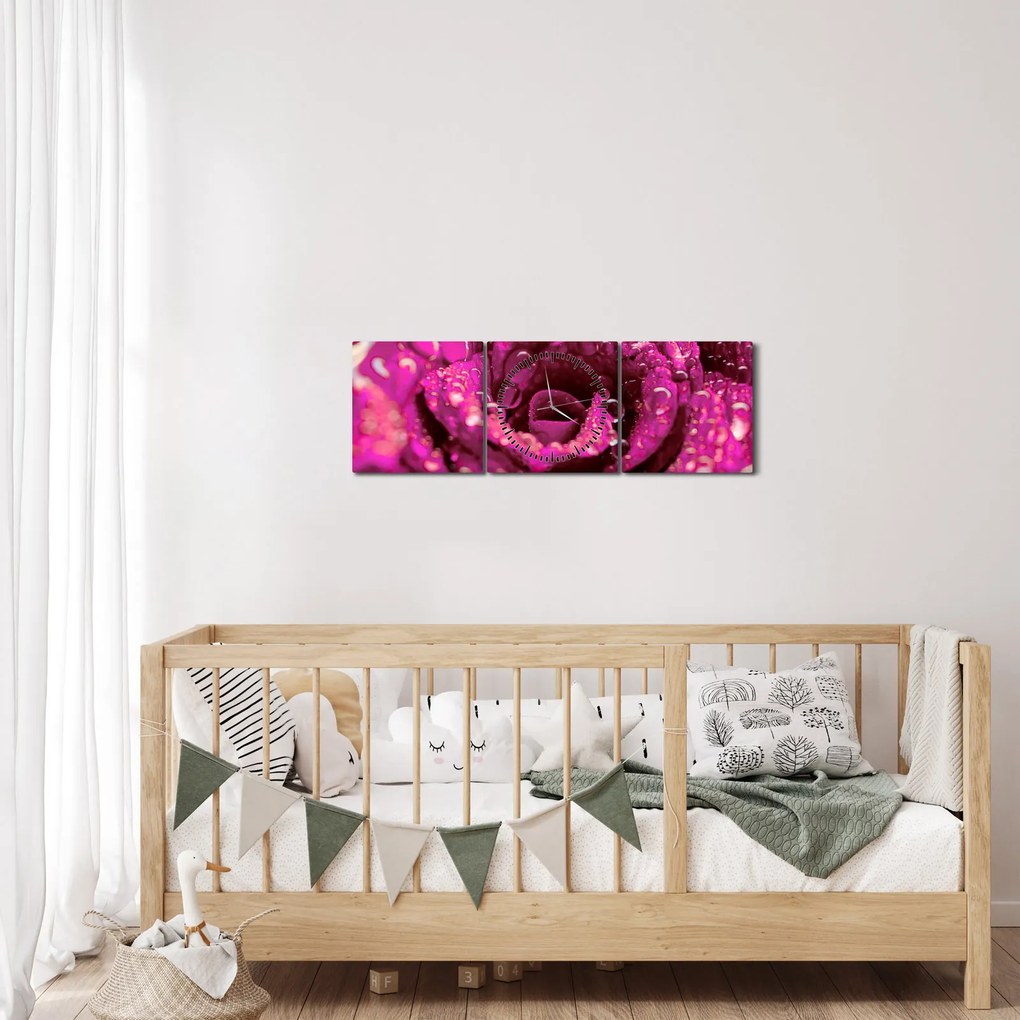 Obraz różowego kwiatu róży (z zegarem) (90x30 cm)