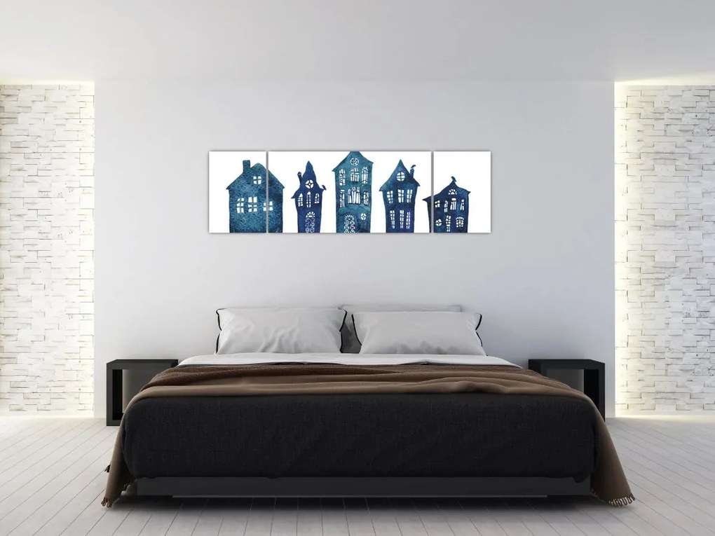 Obraz - Niebieskie domy akwarelowe (170x50 cm)