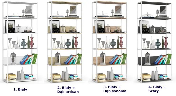 Szeroki regał metalowy biały + dąb artisan - Shira 5X