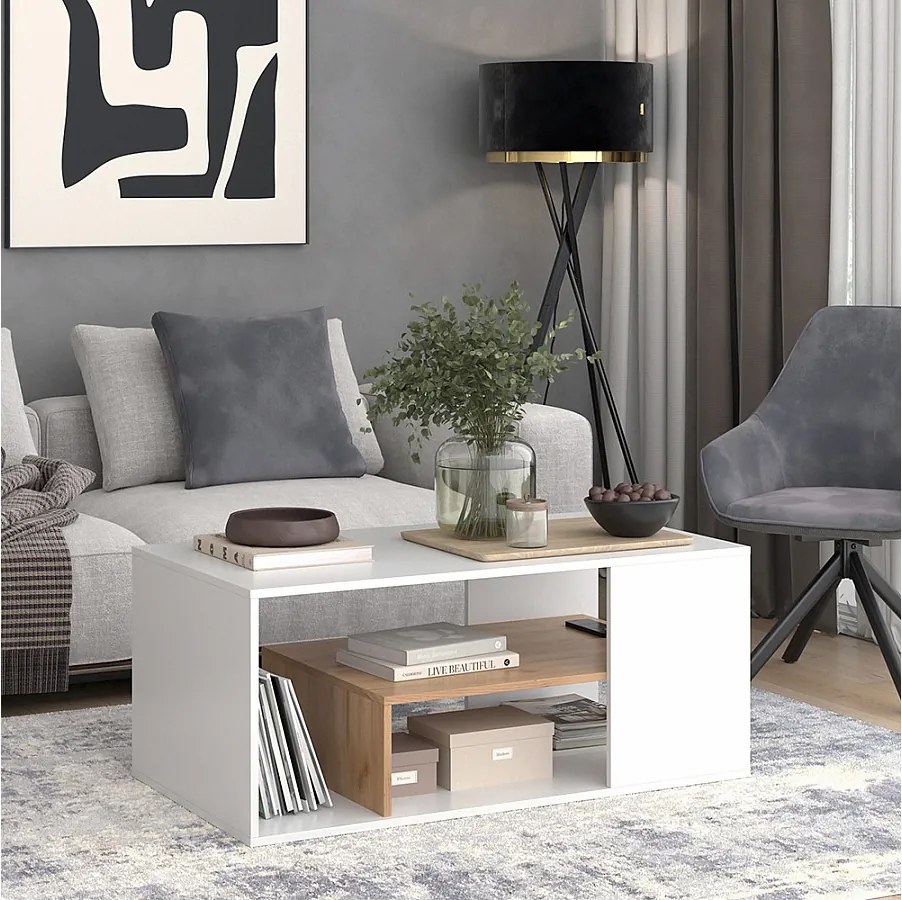 Stolik kawowy biały/złoty dąb 110x59x47 edgar