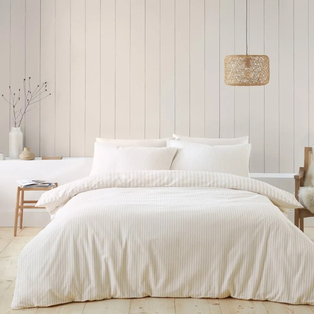 Beżowo-kremowa flanelowa pościel dwuosobowa 230x220 cm Stripe – Catherine Lansfield
