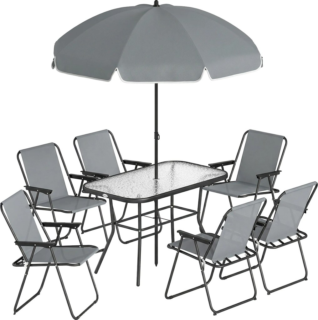 Outsunny Zestaw Mebli Ogrodowych 119 x 68 cm Stół ze Szkła z 6 Składanymi Krzesłami Parasol Wzór Wodny Szary | Aosom PL