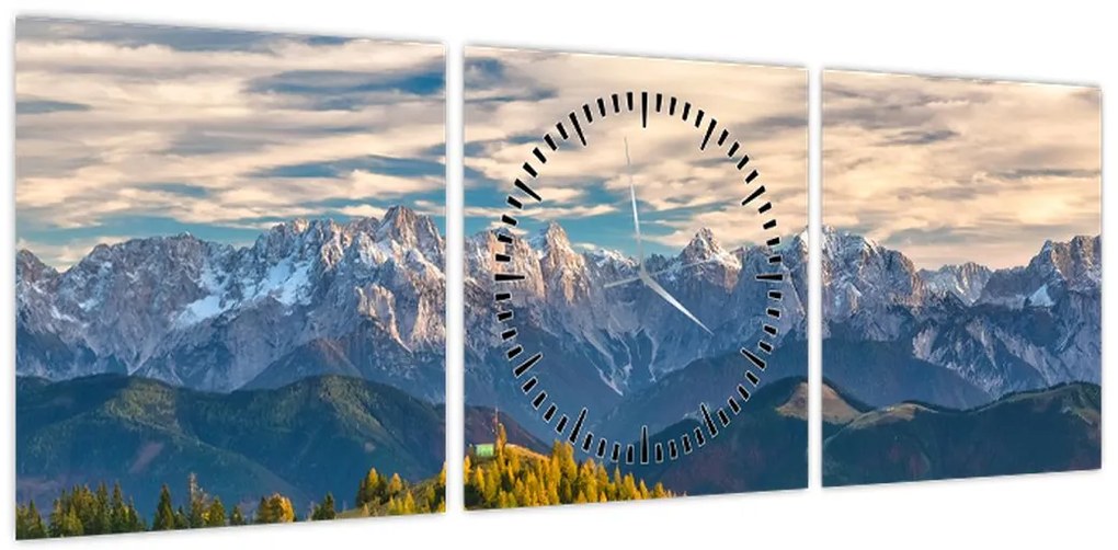 Obraz - panorama górska (z zegarem) (90x30 cm)