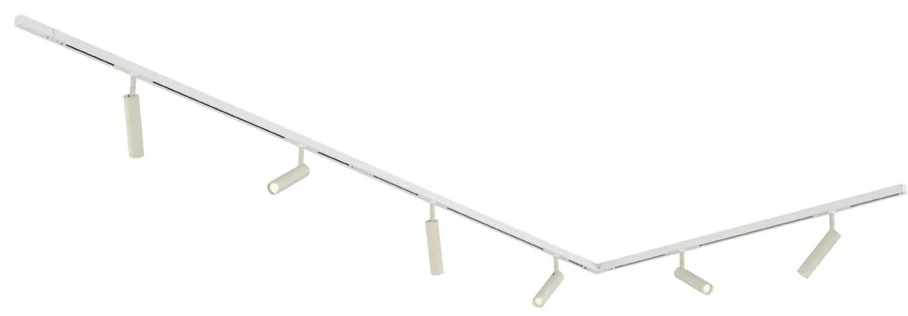 Nowoczesny system oświetlenia szynowego Slimline Uzzy z 6 reflektorami w kolorze beżowym i białym, jednofazowy