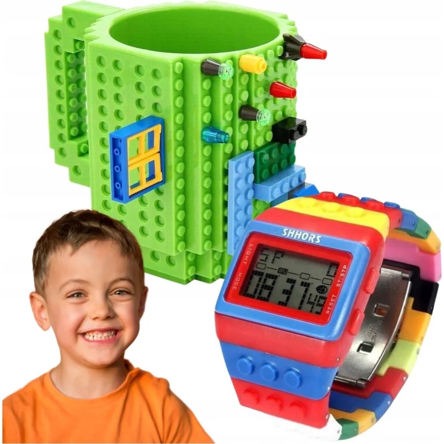 KUBEK KLOCKOWY DUŻY 350ML + KLOCKOWY CYFROWY ZEGAREK DLA DZIECKA REGULOWANY