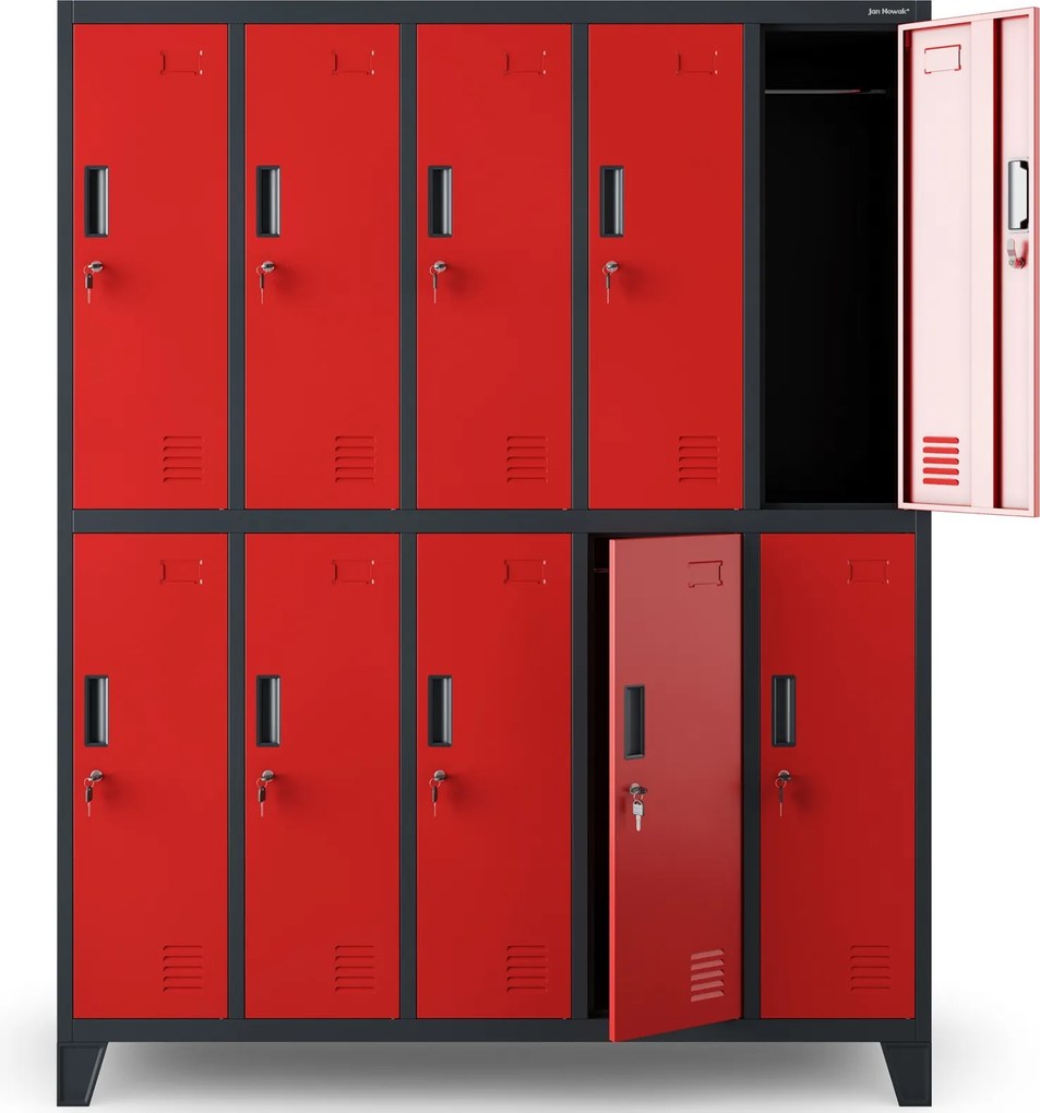 Metalowa szatnia 10-skrytkowa Bartek 136x45x172 cm antracyt/czerwony