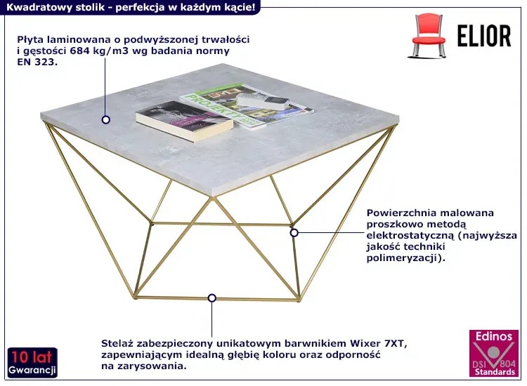 Druciany stolik kawowy beton + złoty Esmar