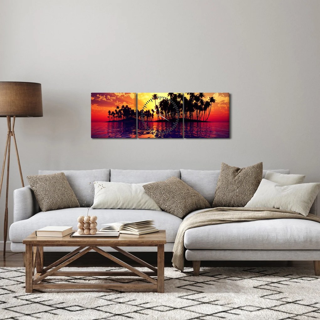 Obraz wyspy o zachodzie słońca (z zegarem) (90x30 cm)