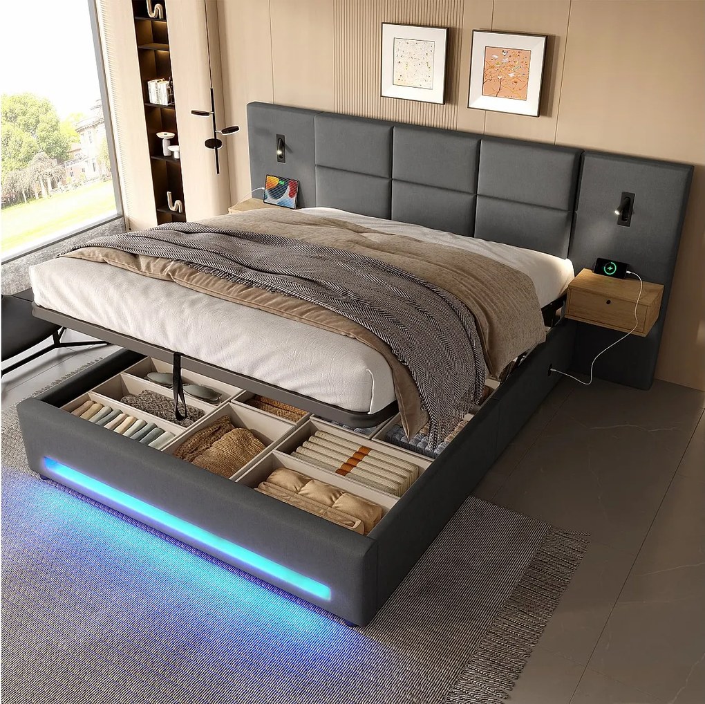 Łóżko z pojemnikiem 180x200 cm - z 2 stolikami nocnymi, LED i portami USB - ciemnoszary aksamit - materac nie jest wliczony w cenę